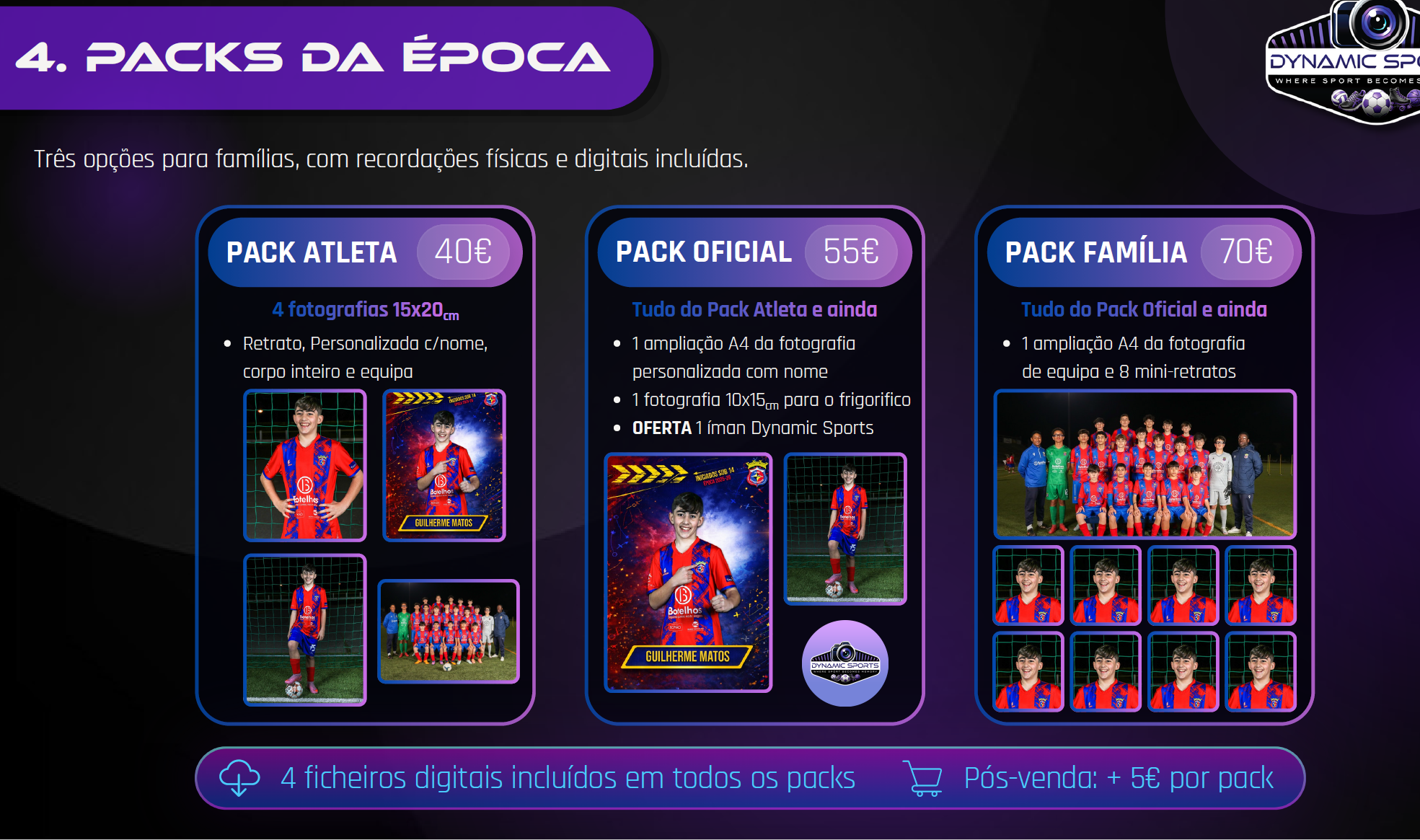 Pack Atleta: retrato, fotografia personalizada com nome, corpo inteiro e fotografia de equipa.